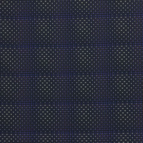 Polyester tricot met blauw en bruin patroon van kleine bolletjes
